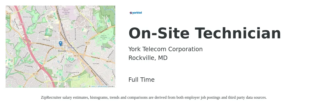 York Telecom Corporation job posting for a On-Site Technician in Rockville, MD with a salary of $21 to $28 Hourly with a map of Rockville location.
