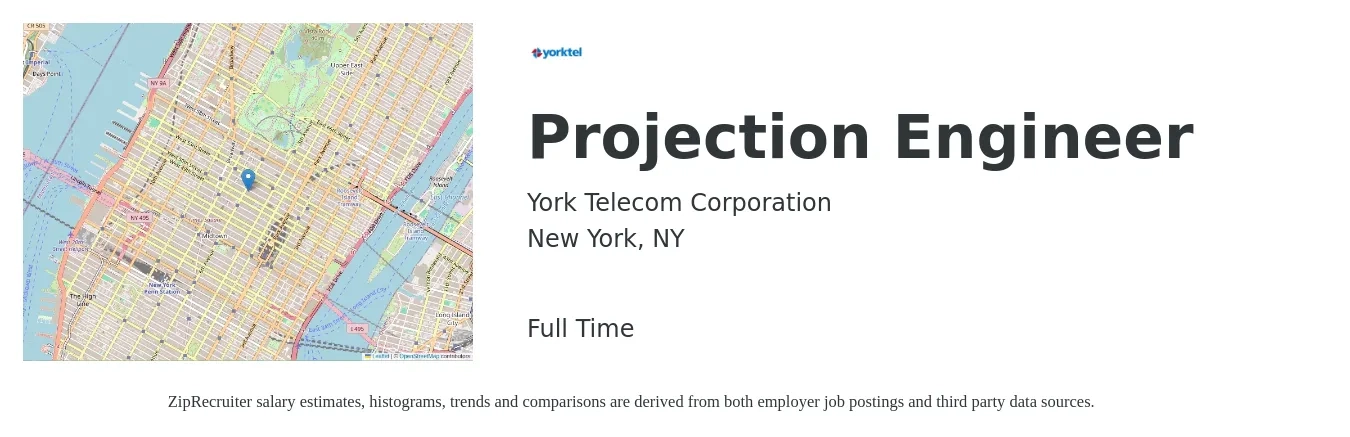 York Telecom Corporation job posting for a Projection Engineer in New York, NY with a map of New York location.