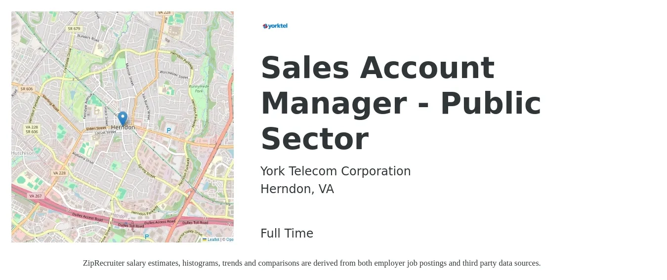 York Telecom Corporation job posting for a Sales Account Manager - Public Sector in Herndon, VA with a salary of $51,900 to $82,200 Yearly with a map of Herndon location.