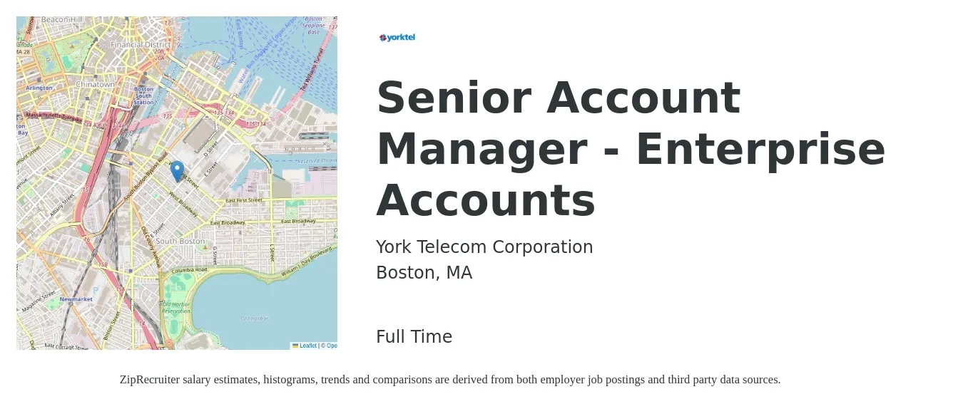 York Telecom Corporation job posting for a Senior Account Manager - Enterprise Accounts in Boston, MA with a salary of $84,200 to $132,500 Yearly with a map of Boston location.
