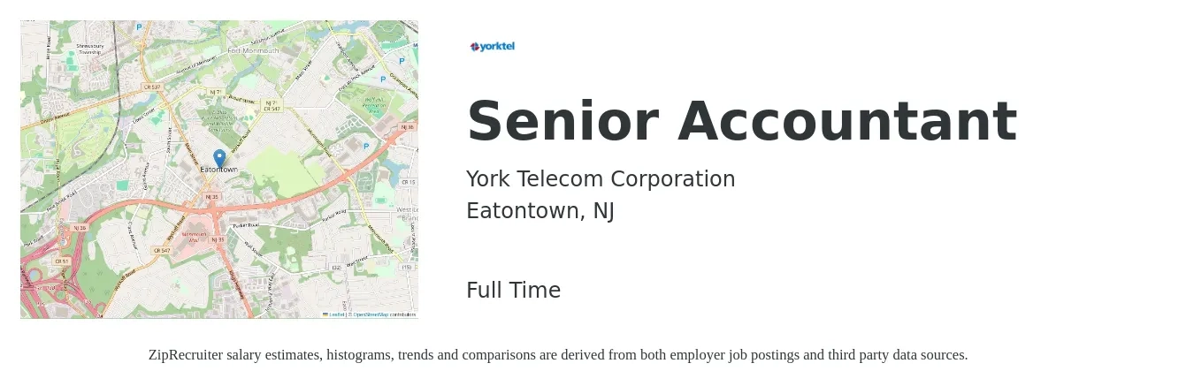 York Telecom Corporation job posting for a Senior Accountant in Eatontown, NJ with a salary of $74,600 to $93,700 Yearly with a map of Eatontown location.