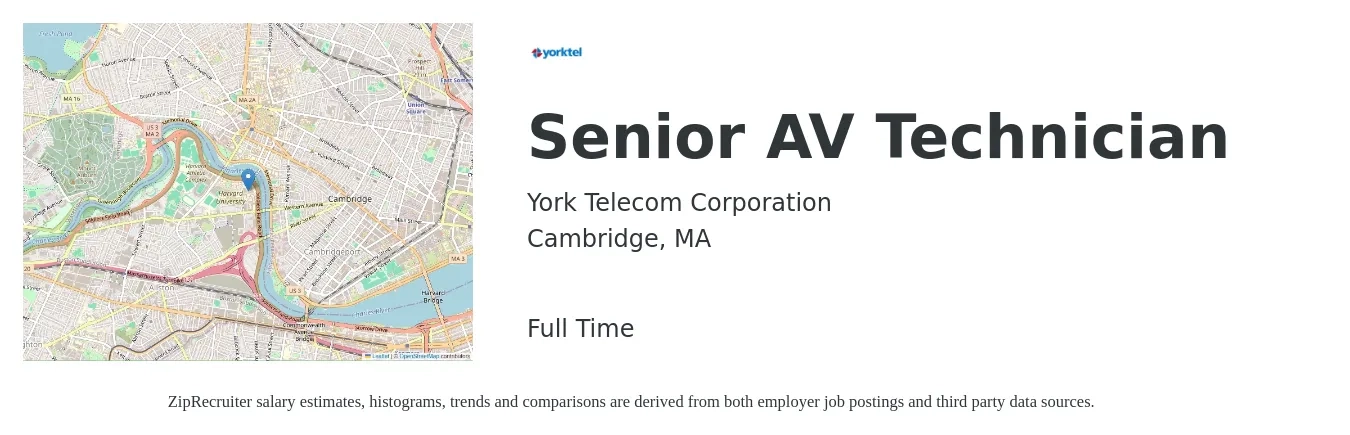 York Telecom Corporation job posting for a Senior AV Technician in Cambridge, MA with a salary of $24 to $38 Hourly with a map of Cambridge location.