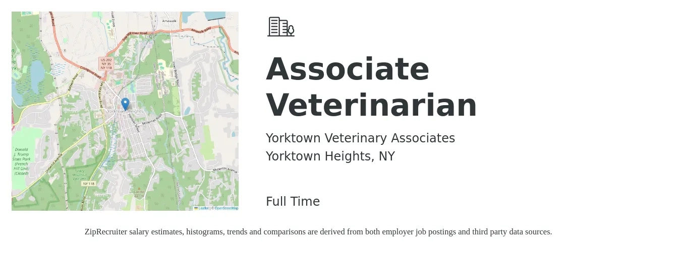 Yorktown Veterinary Associates job posting for a Associate Veterinarian in Yorktown Heights, NY with a salary of $109,500 to $176,800 Yearly with a map of Yorktown Heights location.