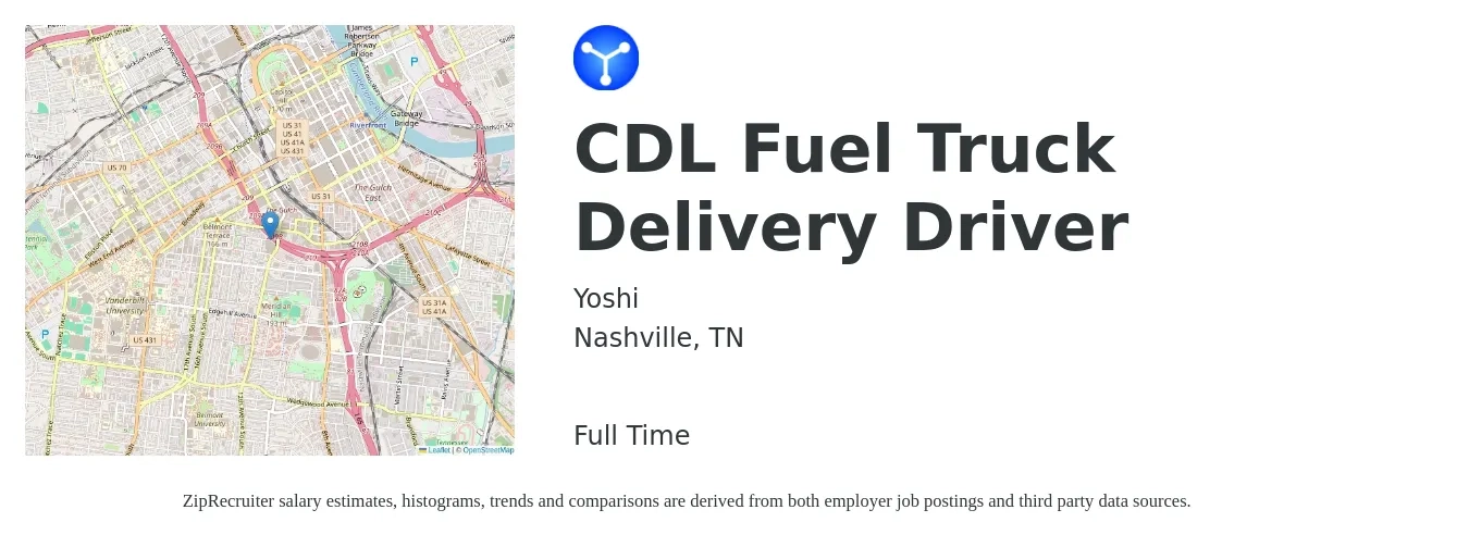 Yoshi job posting for a CDL Fuel Truck Delivery Driver in Nashville, TN with a salary of $1,160 to $1,670 Weekly with a map of Nashville location.
