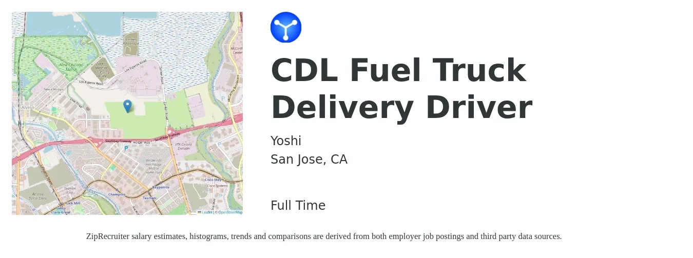 Yoshi job posting for a CDL Fuel Truck Delivery Driver in San Jose, CA with a salary of $25 Hourly with a map of San Jose location.