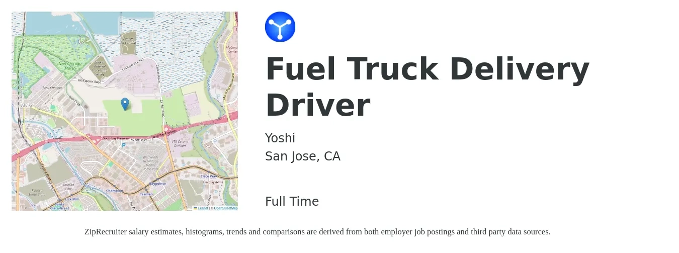 Yoshi job posting for a Fuel Truck Delivery Driver in San Jose, CA with a salary of $24 to $35 Hourly with a map of San Jose location.