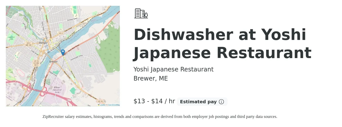 Yoshi Japanese Restaurant job posting for a Dishwasher at Yoshi Japanese Restaurant in Brewer, ME with a salary of $14 to $15 Hourly with a map of Brewer location.
