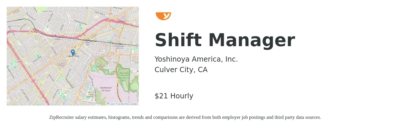 Yoshinoya America, Inc. job posting for a Shift Manager in Culver City, CA with a salary of $22 Hourly with a map of Culver City location.