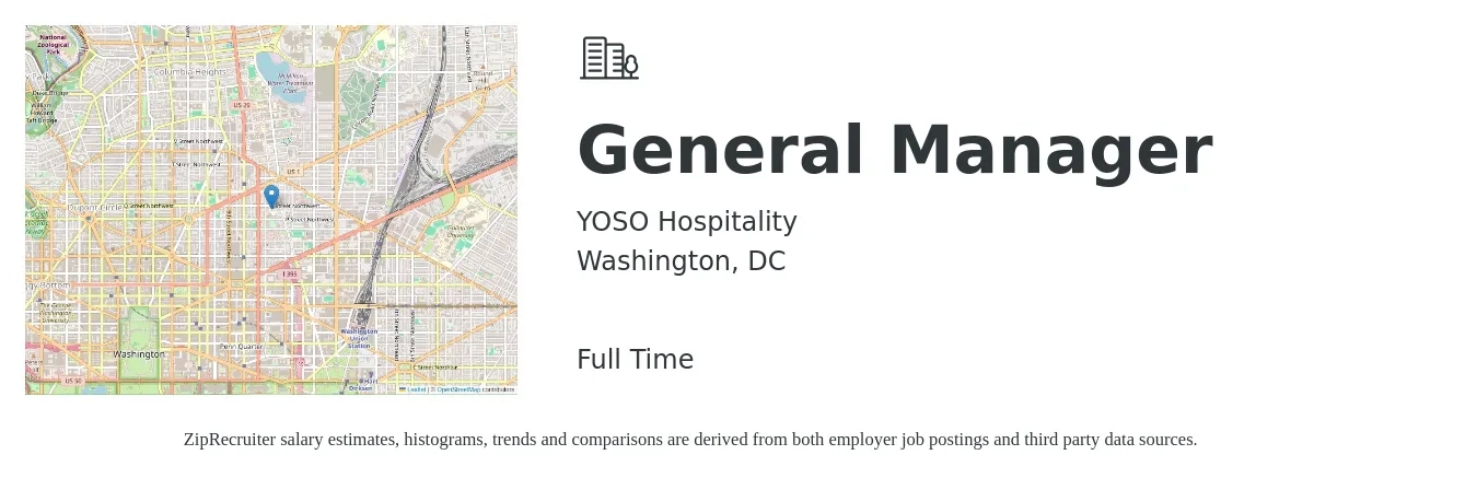 YOSO Hospitality job posting for a General Manager in Washington, DC with a salary of $56,100 to $83,800 Yearly with a map of Washington location.