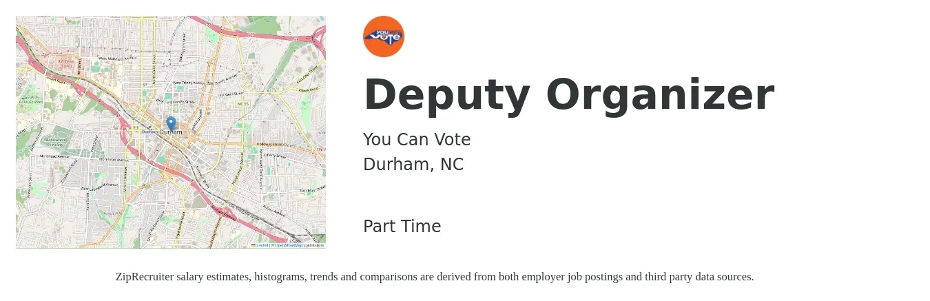 You Can Vote job posting for a Deputy Organizer in Durham, NC with a salary of $25 Hourly with a map of Durham location.