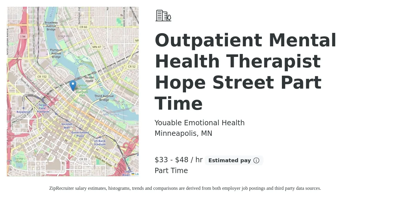 Youable Emotional Health job posting for a Outpatient Mental Health Therapist Hope Street Part Time in Minneapolis, MN with a salary of $35 to $50 Hourly with a map of Minneapolis location.