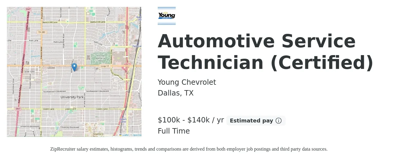 Young Chevrolet job posting for a Automotive Service Technician (Certified) in Dallas, TX with a salary of $48 to $67 Hourly with a map of Dallas location.