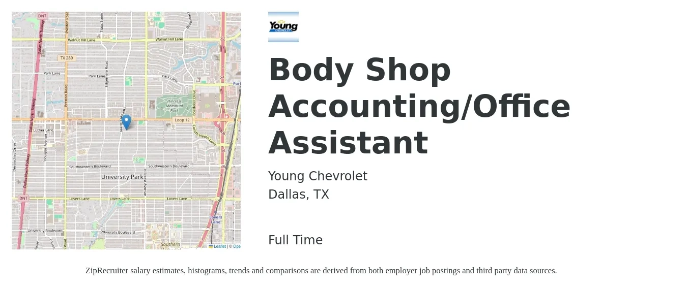 Young Chevrolet job posting for a Body Shop Accounting/Office Assistant in Dallas, TX with a salary of $15 to $20 Hourly with a map of Dallas location.