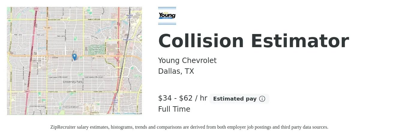Young Chevrolet job posting for a Collision Estimator in Dallas, TX with a salary of $75,000 to $135,000 Yearly with a map of Dallas location.