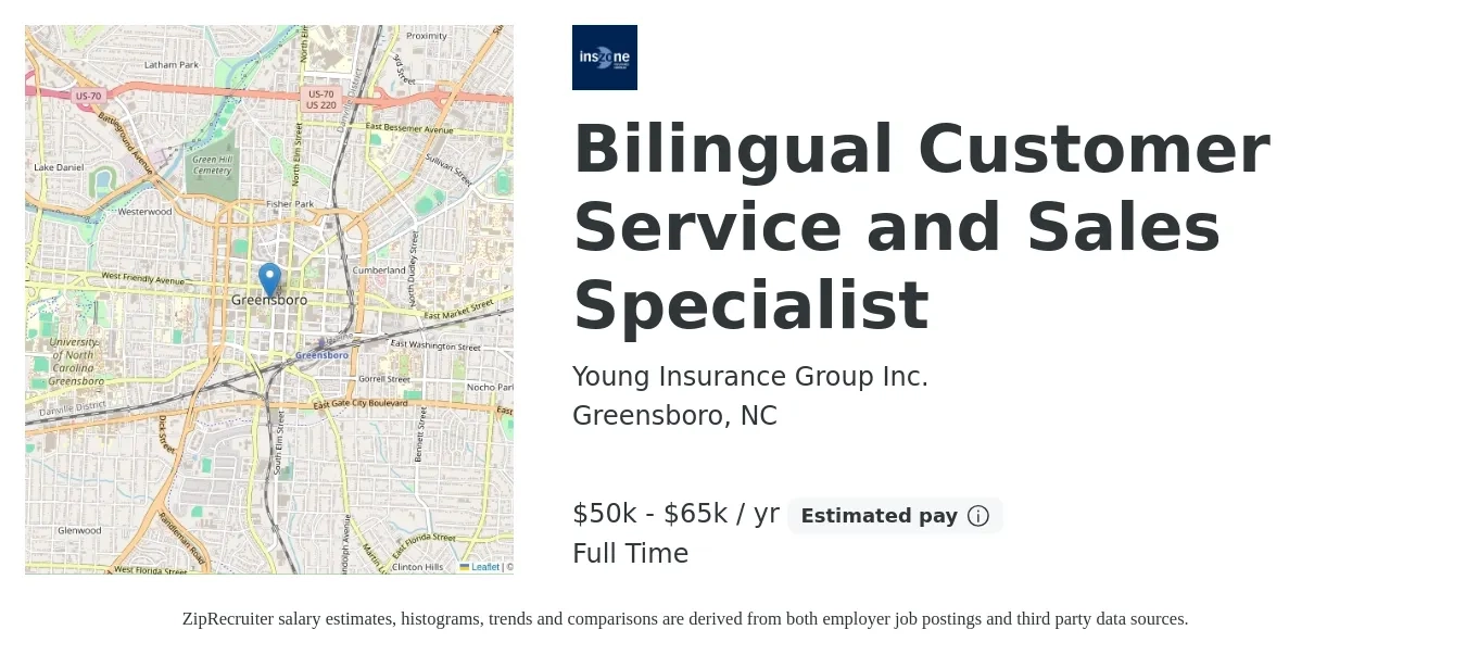 Young Insurance Group Inc. job posting for a Bilingual Customer Service and Sales Specialist in Greensboro, NC with a salary of $50,000 to $65,000 Yearly with a map of Greensboro location.