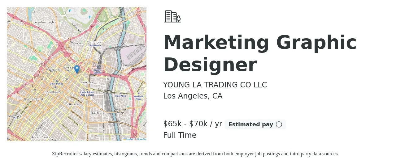 YOUNG LA TRADING CO LLC job posting for a Marketing Graphic Designer in Los Angeles, CA with a salary of $65,000 to $70,000 Yearly with a map of Los Angeles location.