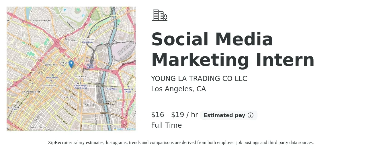 YOUNG LA TRADING CO LLC job posting for a Social Media Marketing Intern in Los Angeles, CA with a salary of $17 to $20 Hourly with a map of Los Angeles location.
