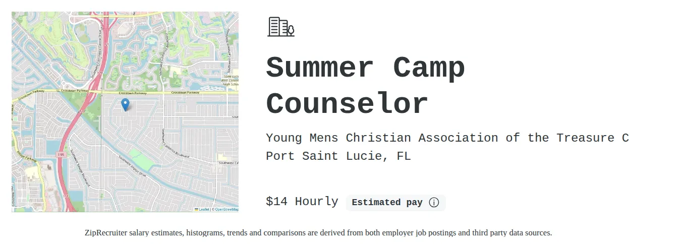 Young Mens Christian Association of the Treasure C job posting for a Summer Camp Counselor in Port Saint Lucie, FL with a salary of $15 Hourly with a map of Port Saint Lucie location.