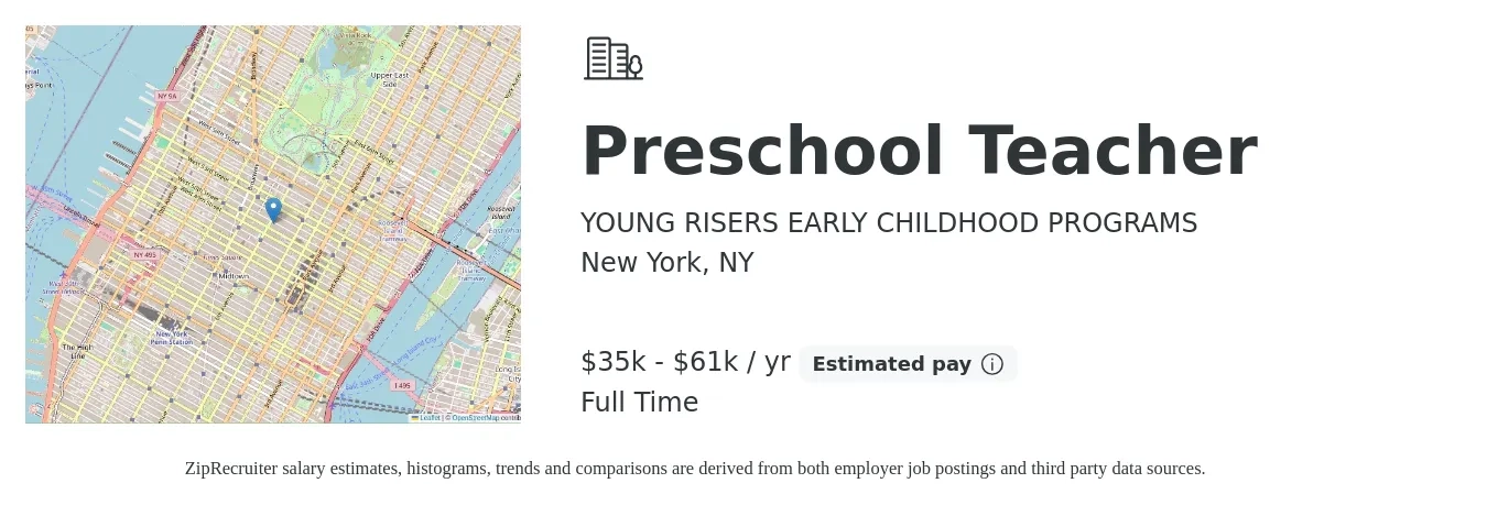 YOUNG RISERS EARLY CHILDHOOD PROGRAMS job posting for a Preschool Teacher in New York, NY with a salary of $35,000 to $61,000 Yearly and benefits including pto, and retirement with a map of New York location.