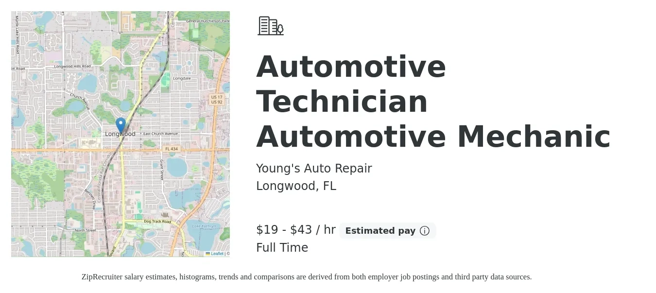 Young's Auto Repair job posting for a Automotive Technician Automotive Mechanic in Longwood, FL with a salary of $20 to $45 Hourly and benefits including pto with a map of Longwood location.