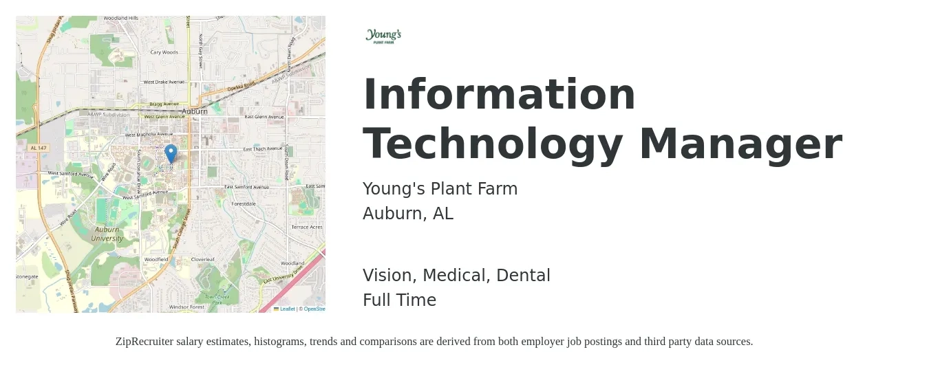 Young's Plant Farm job posting for a Information Technology Manager in Auburn, AL with a salary of $79,400 to $97,400 Yearly and benefits including medical, pto, vision, dental, and life_insurance with a map of Auburn location.