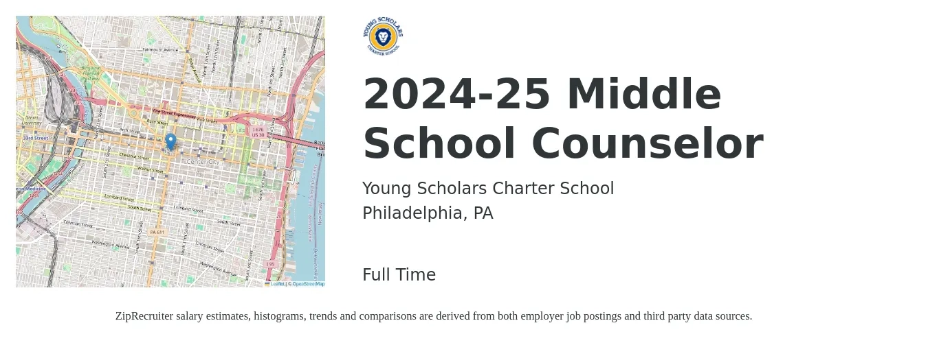 Young Scholars Charter School job posting for a 2024-25 Middle School Counselor in Philadelphia, PA with a salary of $48,200 to $70,800 Yearly with a map of Philadelphia location.