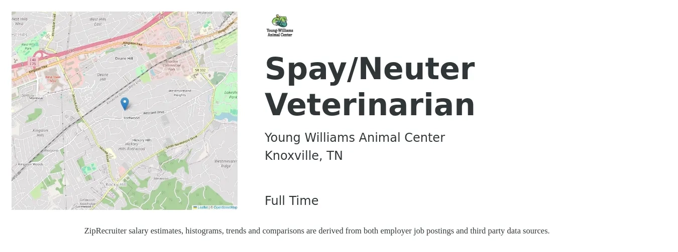 Young Williams Animal Center job posting for a Spay/Neuter Veterinarian in Knoxville, TN with a salary of $92,300 to $179,700 Yearly with a map of Knoxville location.