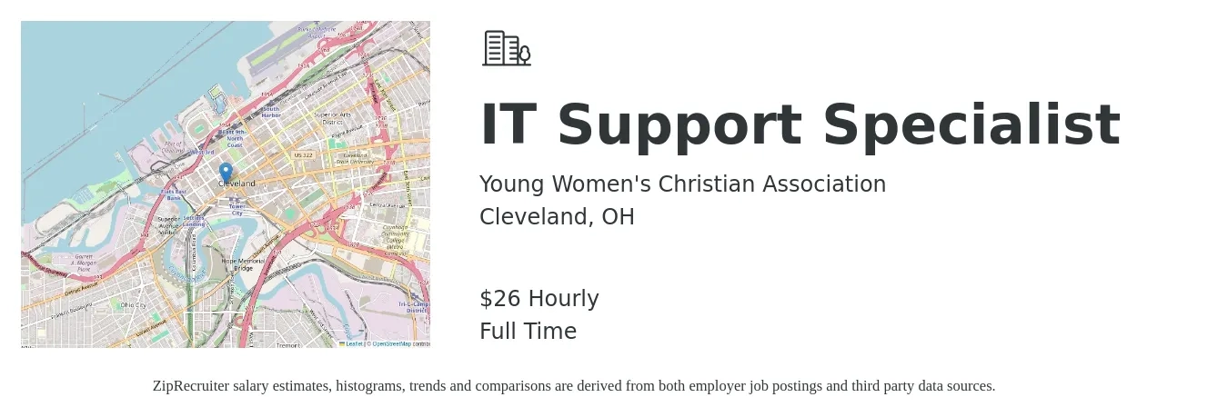 Young Women's Christian Association job posting for a IT Support Specialist in Cleveland, OH with a salary of $22 to $28 Hourly with a map of Cleveland location.