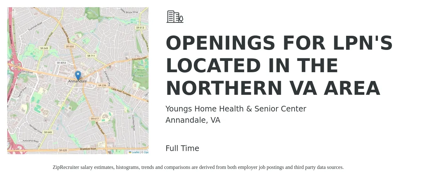Youngs Home Health & Senior Center job posting for a OPENINGS FOR LPN'S LOCATED IN THE NORTHERN VA AREA in Annandale, VA with a salary of $30 to $35 Hourly with a map of Annandale location.