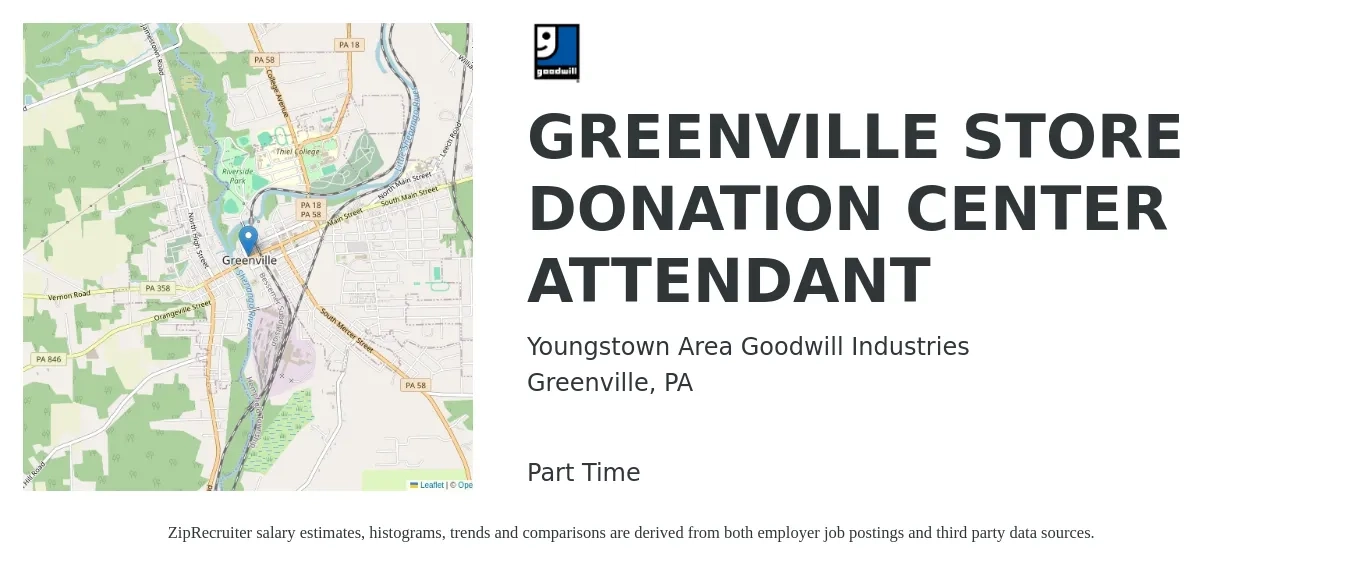 Youngstown Area Goodwill Industries job posting for a GREENVILLE STORE DONATION CENTER ATTENDANT in Greenville, PA with a salary of $12 to $17 Hourly with a map of Greenville location.
