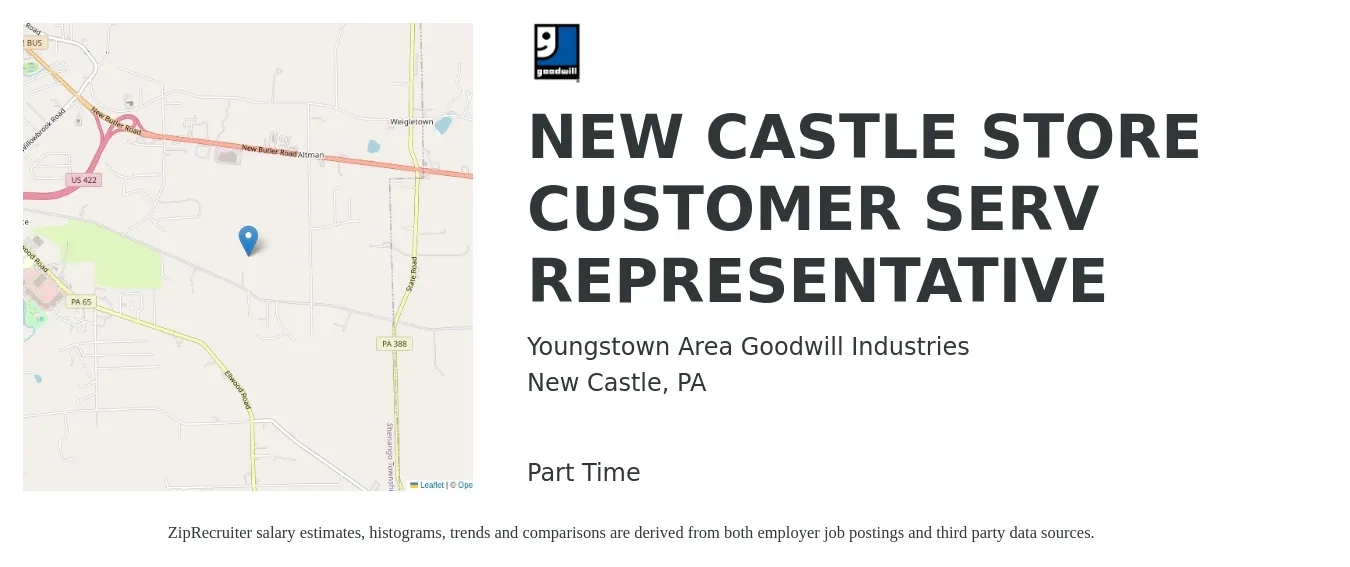 Youngstown Area Goodwill Industries job posting for a NEW CASTLE STORE CUSTOMER SERV REPRESENTATIVE in New Castle, PA with a salary of $14 to $19 Hourly with a map of New Castle location.