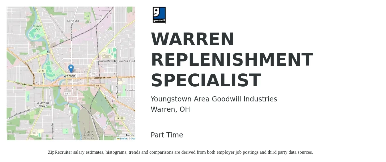 Youngstown Area Goodwill Industries job posting for a WARREN REPLENISHMENT SPECIALIST in Warren, OH with a salary of $15 to $22 Hourly with a map of Warren location.