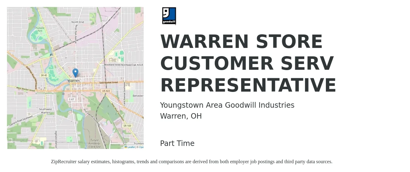 Youngstown Area Goodwill Industries job posting for a WARREN STORE CUSTOMER SERV REPRESENTATIVE in Warren, OH with a salary of $14 to $19 Hourly with a map of Warren location.