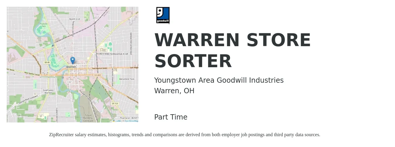 Youngstown Area Goodwill Industries job posting for a WARREN STORE SORTER in Warren, OH with a salary of $12 to $14 Hourly with a map of Warren location.
