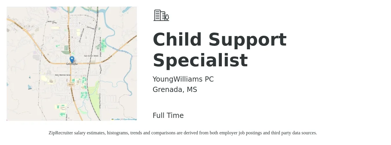 YoungWilliams PC job posting for a Child Support Specialist in Grenada, MS with a salary of $38,500 to $52,700 Yearly with a map of Grenada location.