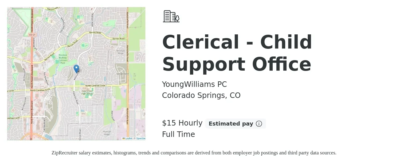 YoungWilliams PC job posting for a Clerical - Child Support Office in Colorado Springs, CO with a salary of $16 Hourly with a map of Colorado Springs location.