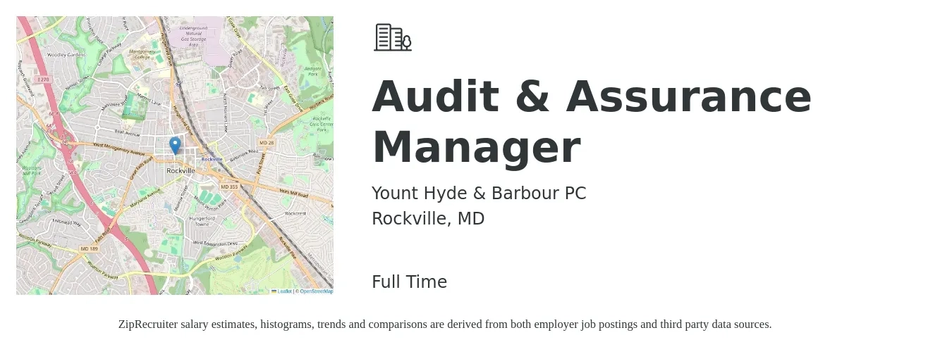 Yount Hyde & Barbour PC job posting for a Audit & Assurance Manager in Rockville, MD with a salary of $113,600 to $137,100 Yearly with a map of Rockville location.