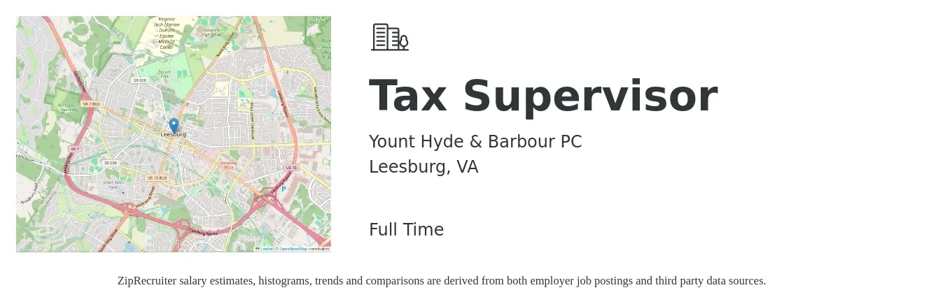 Yount Hyde & Barbour PC job posting for a Tax Supervisor in Leesburg, VA with a salary of $117,100 to $153,400 Yearly with a map of Leesburg location.