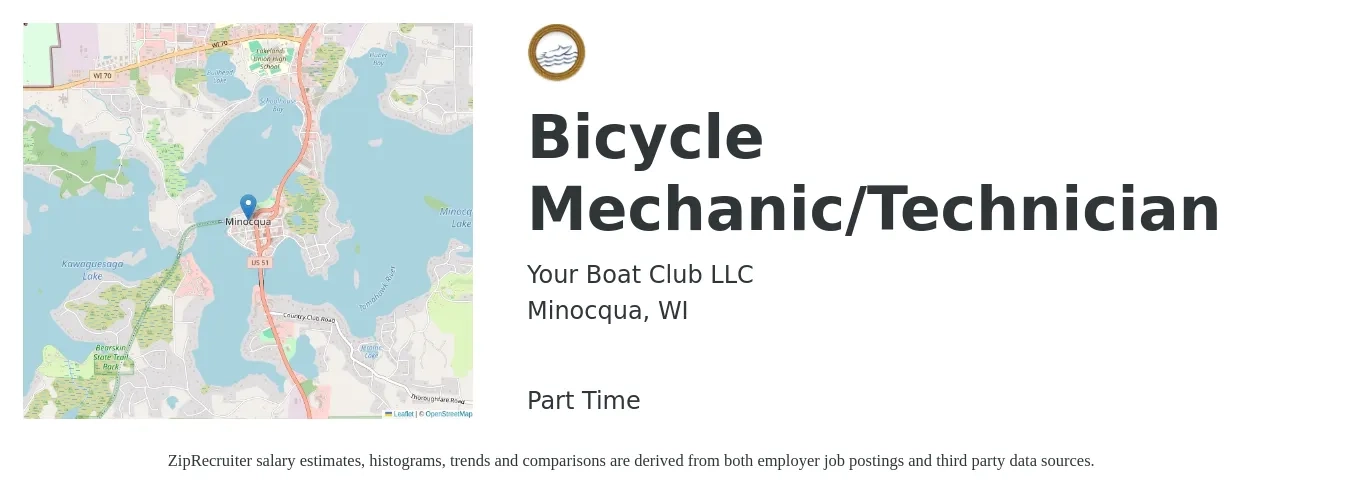 Your Boat Club LLC job posting for a Bicycle Mechanic/Technician in Minocqua, WI with a salary of $16 to $21 Hourly with a map of Minocqua location.