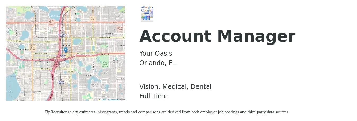 Your Oasis job posting for a Account Manager in Orlando, FL with a salary of $44,800 to $73,300 Yearly and benefits including dental, medical, pto, retirement, and vision with a map of Orlando location.