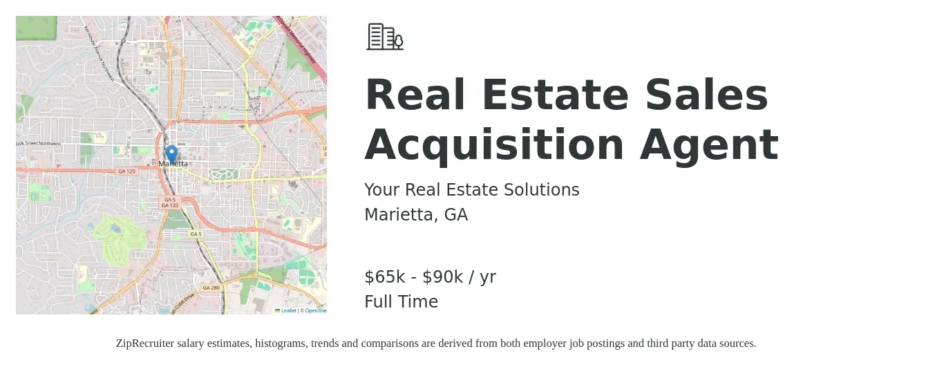 Your Real Estate Solutions job posting for a Real Estate Sales Acquisition Agent in Marietta, GA with a salary of $65,000 to $90,000 Yearly with a map of Marietta location.