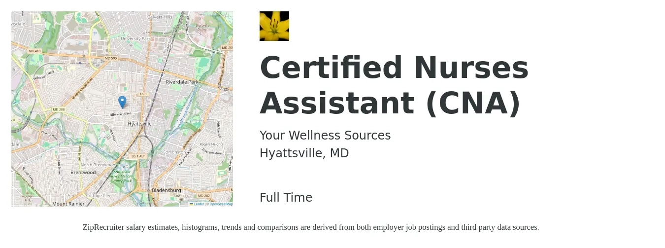 Your Wellness Sources job posting for a Certified Nurses Assistant (CNA) in Hyattsville, MD with a salary of $17 to $24 Hourly with a map of Hyattsville location.