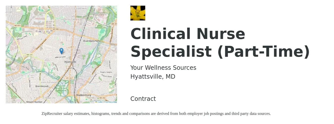 Your Wellness Sources job posting for a Clinical Nurse Specialist (Part-Time) in Hyattsville, MD with a salary of $71,200 to $101,700 Yearly with a map of Hyattsville location.
