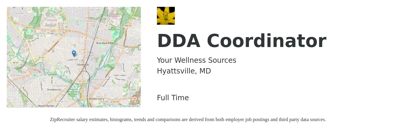 Your Wellness Sources job posting for a DDA Coordinator in Hyattsville, MD with a salary of $20 to $30 Hourly with a map of Hyattsville location.