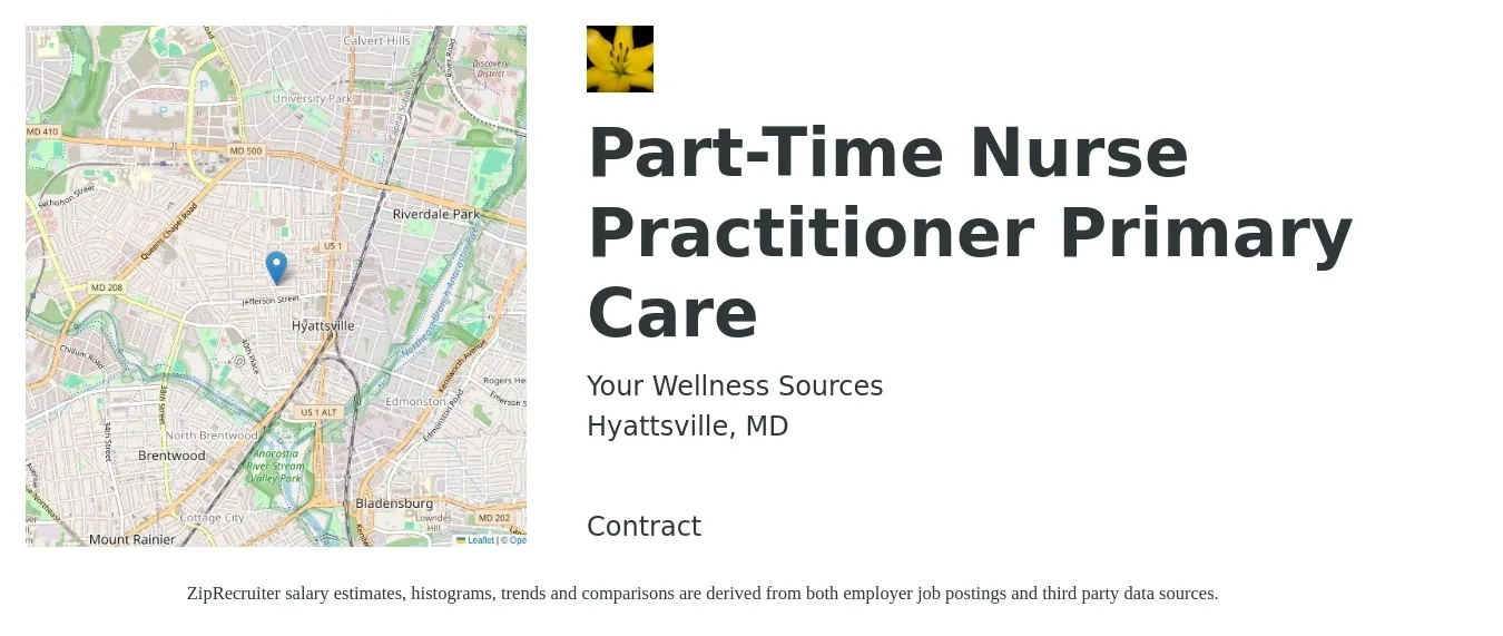 Your Wellness Sources job posting for a Part-Time Nurse Practitioner Primary Care in Hyattsville, MD with a salary of $53 to $60 Hourly with a map of Hyattsville location.