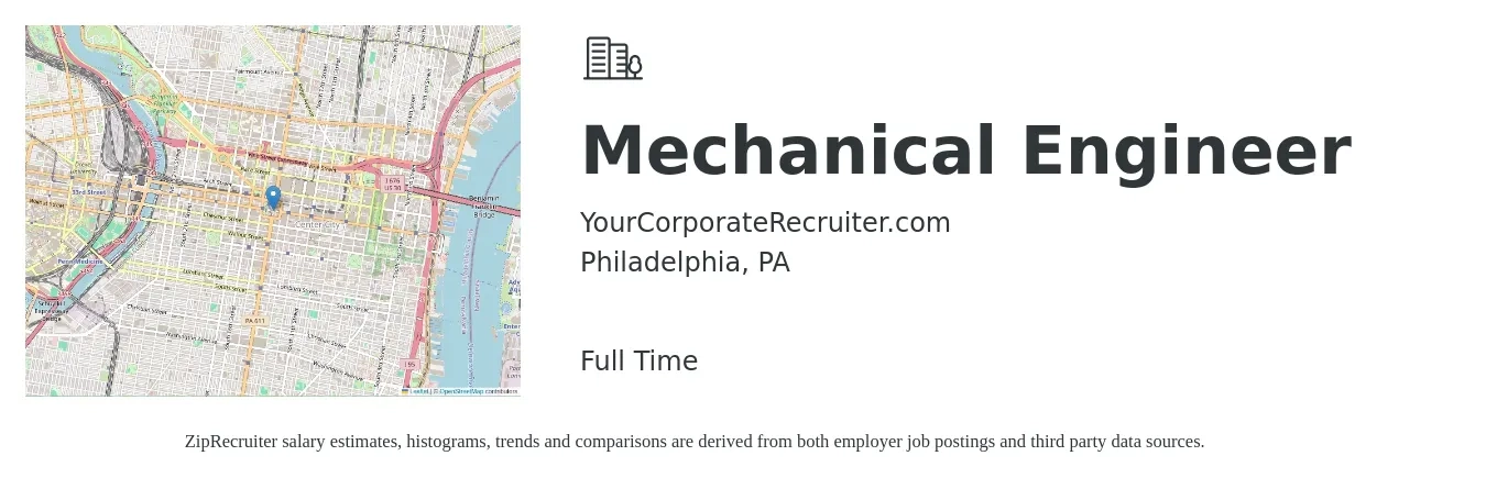 YourCorporateRecruiter.com job posting for a Mechanical Engineer in Philadelphia, PA with a salary of $78,800 to $122,200 Yearly with a map of Philadelphia location.