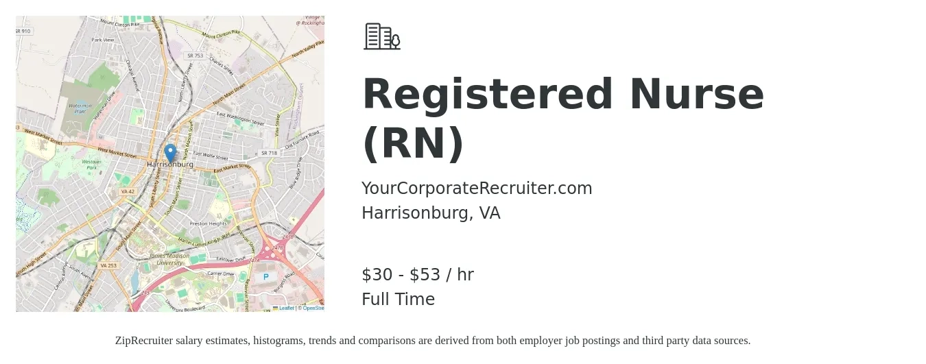 YourCorporateRecruiter.com job posting for a Registered Nurse (RN) in Harrisonburg, VA with a salary of $32 to $55 Hourly with a map of Harrisonburg location.