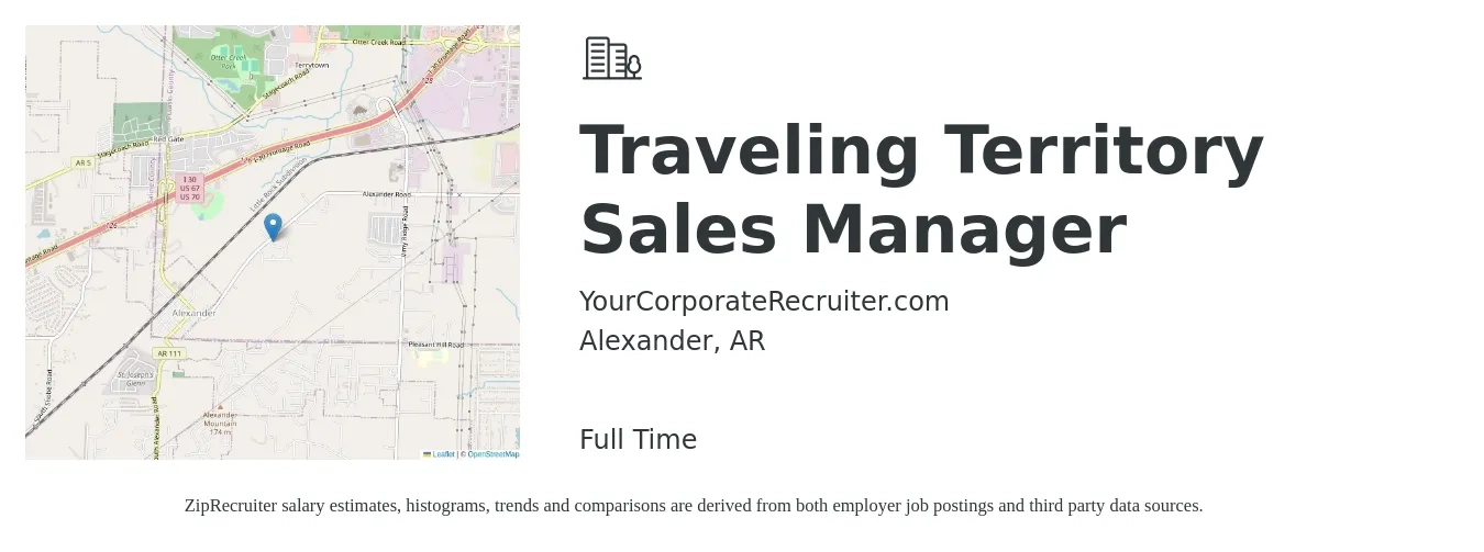YourCorporateRecruiter.com job posting for a Traveling Territory Sales Manager in Alexander, AR with a salary of $75,000 Yearly with a map of Alexander location.