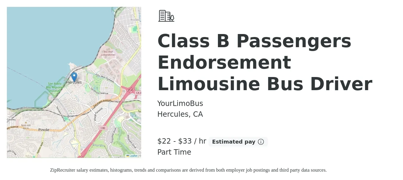YourLimoBus job posting for a Class B Passengers Endorsement Limousine Bus Driver in Hercules, CA with a salary of $23 to $35 Hourly with a map of Hercules location.