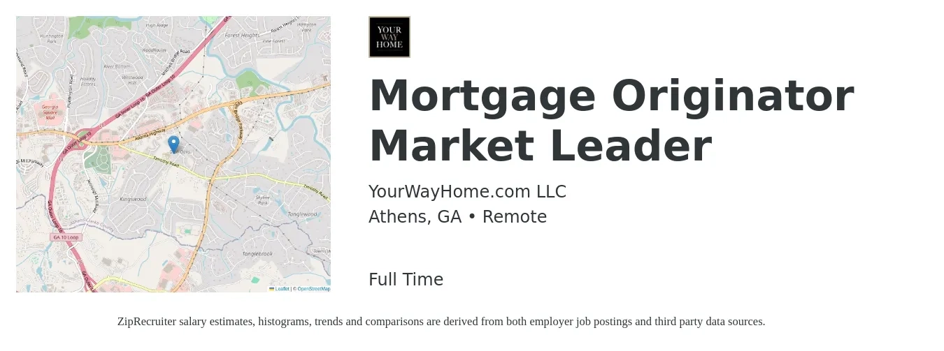 YourWayHome.com LLC job posting for a Mortgage Originator Market Leader in Athens, GA with a salary of $15 to $43 Hourly with a map of Athens location.